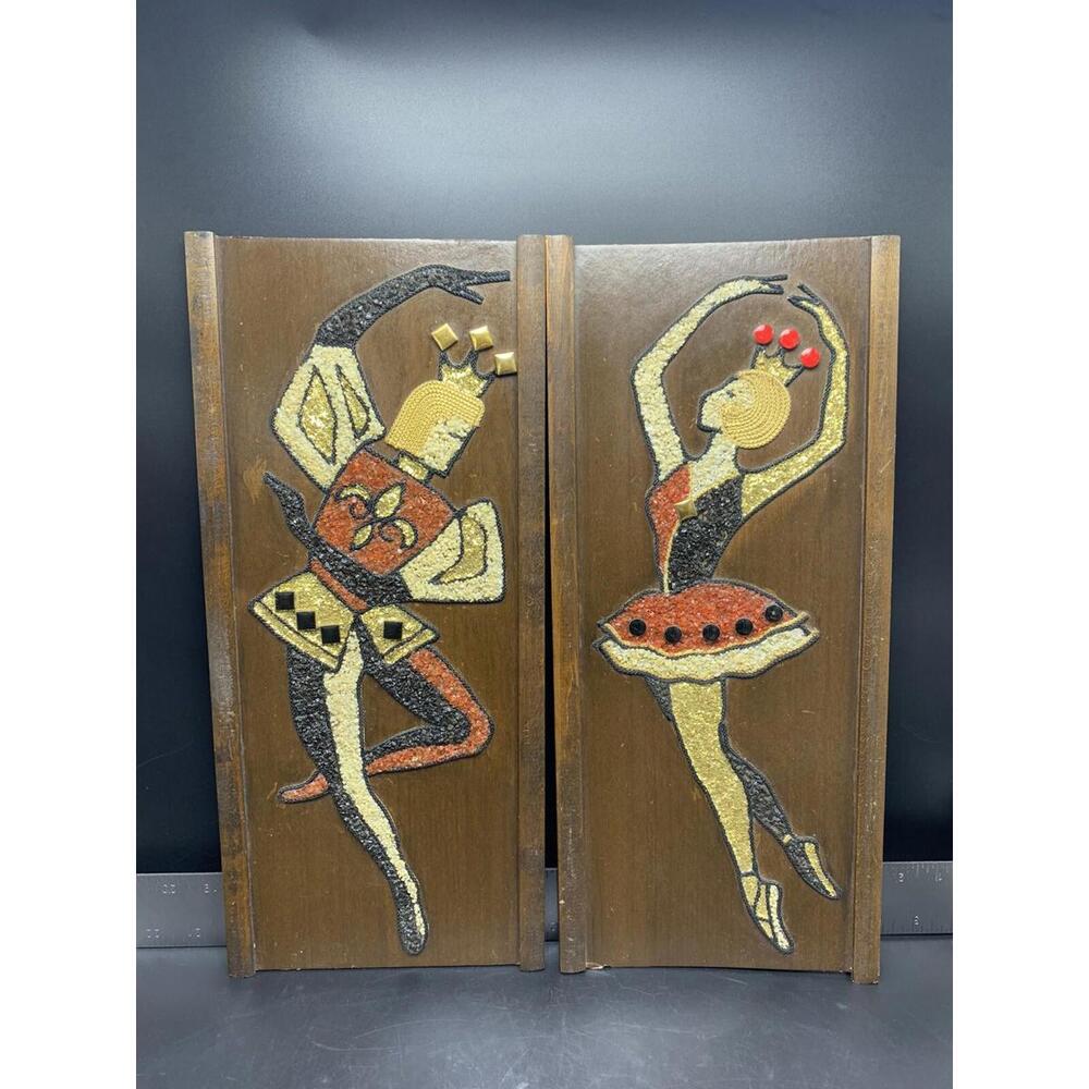 Vintage Pair Harlequin Dancers Gravel Wall Art Mid Century